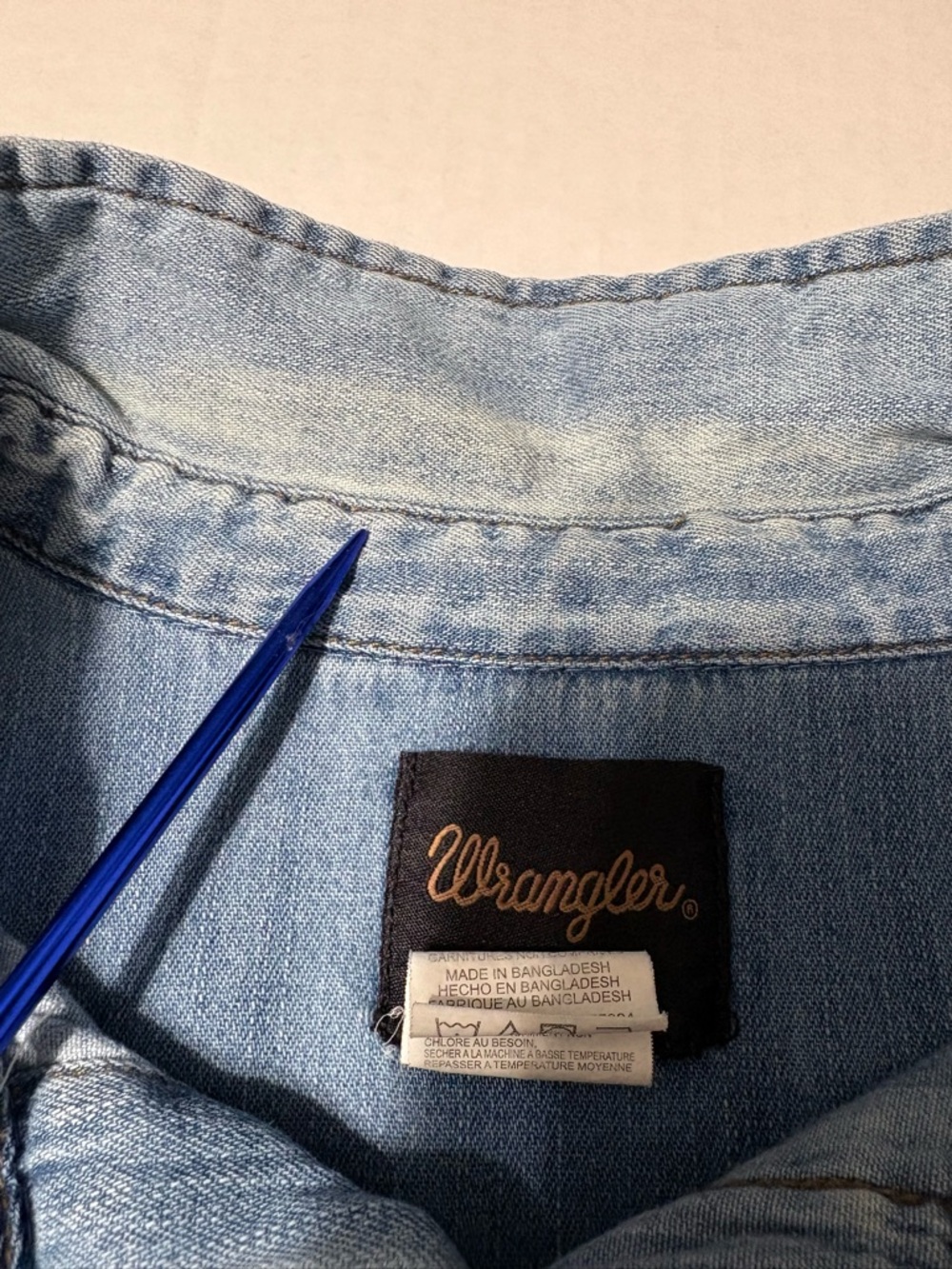 Men’s Wrangler Blue Denim Shirt‎ Jacket Pearl Snaps Western LS XXL - Picture 12 of 12